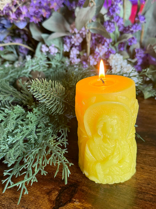 Beeswax pillar candle religious